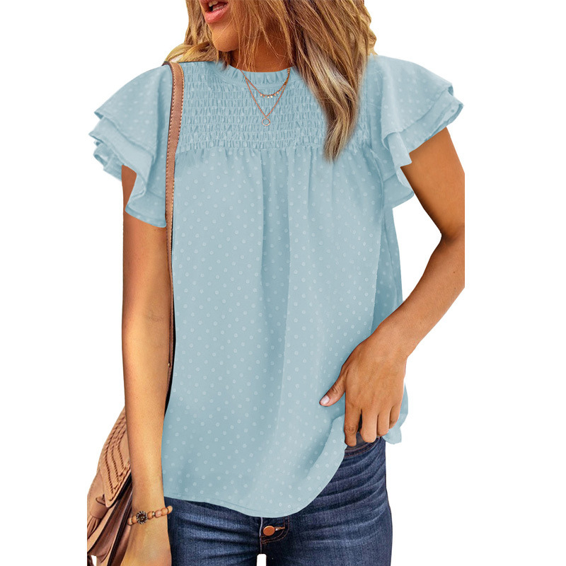 Flounce Cap Sleeves Dot Print Blouse-My Comfy Blouse