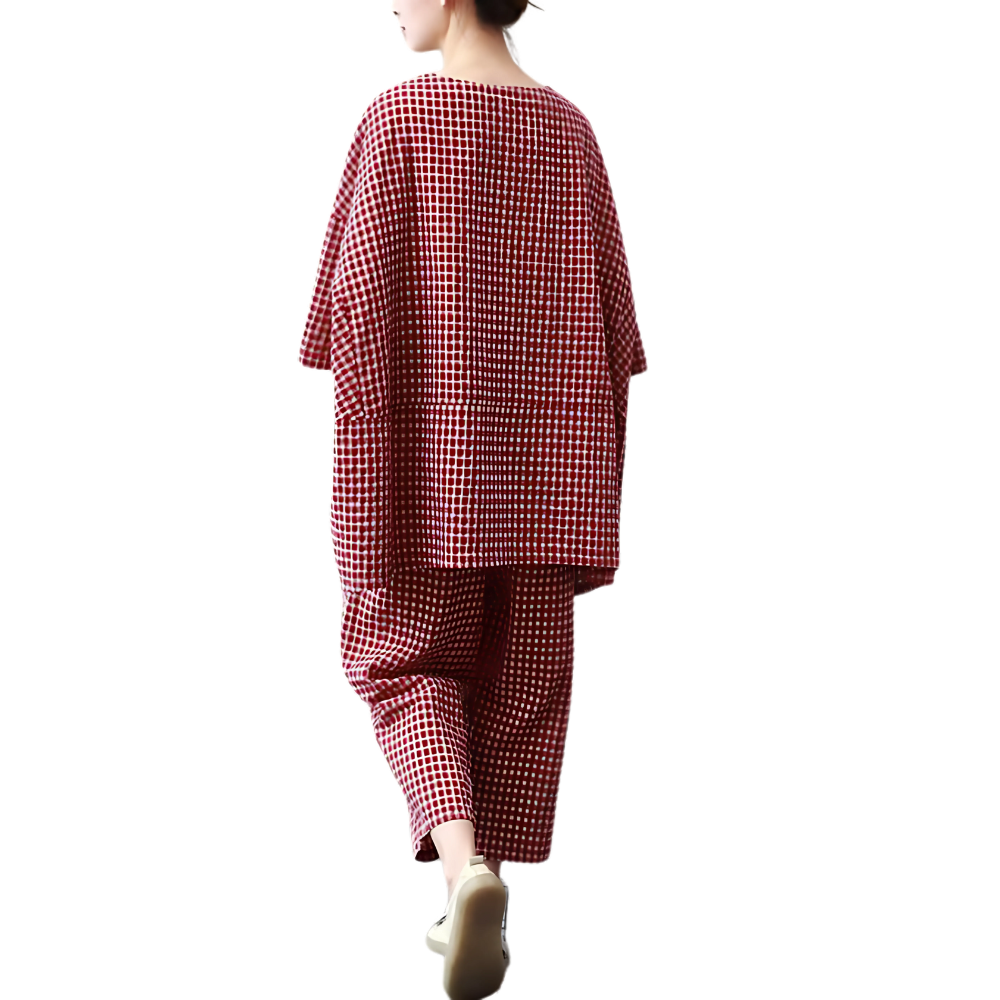 Womens Gingham Loose Fit Loungewear Set-My Comfy Blouse