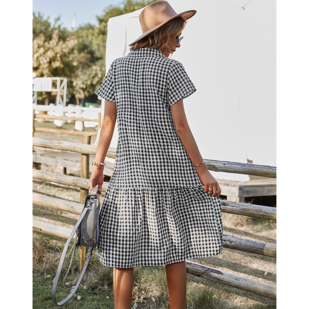 Women Buttoned Gingham Summer Dress-My Comfy Blouse