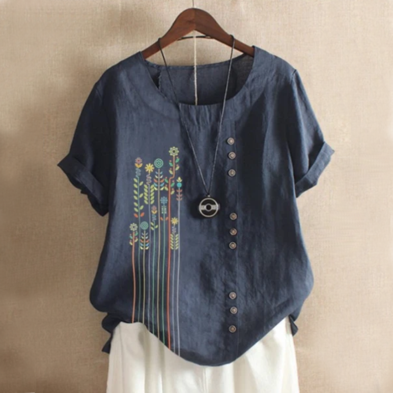 Leaf Patch Button Summer Blouse-My Comfy Blouse