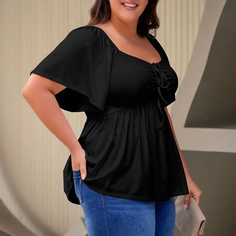Plus Size Short Sleeves Shirred Peplum Blouse Top For Women
