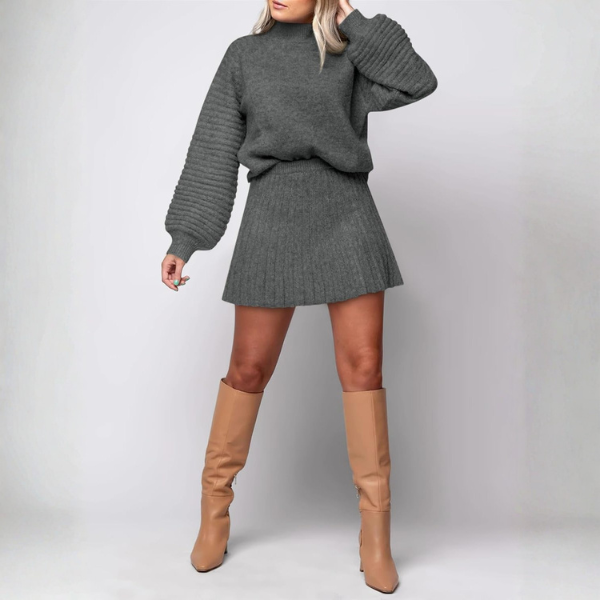 2 Piece Ribbed Knit Puff Sleeve Sweater Top And Mini Skirt Outfit Set