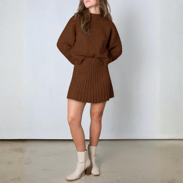 2 Piece Ribbed Knit Puff Sleeve Sweater Top And Mini Skirt Outfit Set