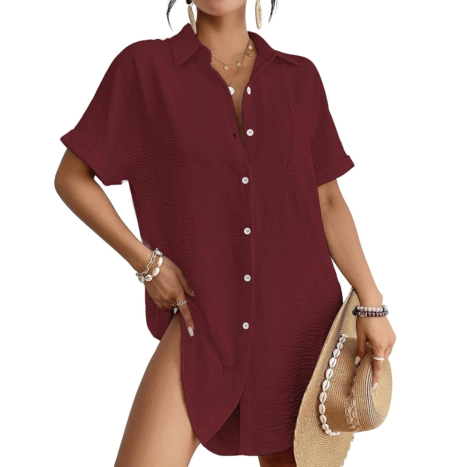 Coverup Button Down Bathing Shirt Cover For Women