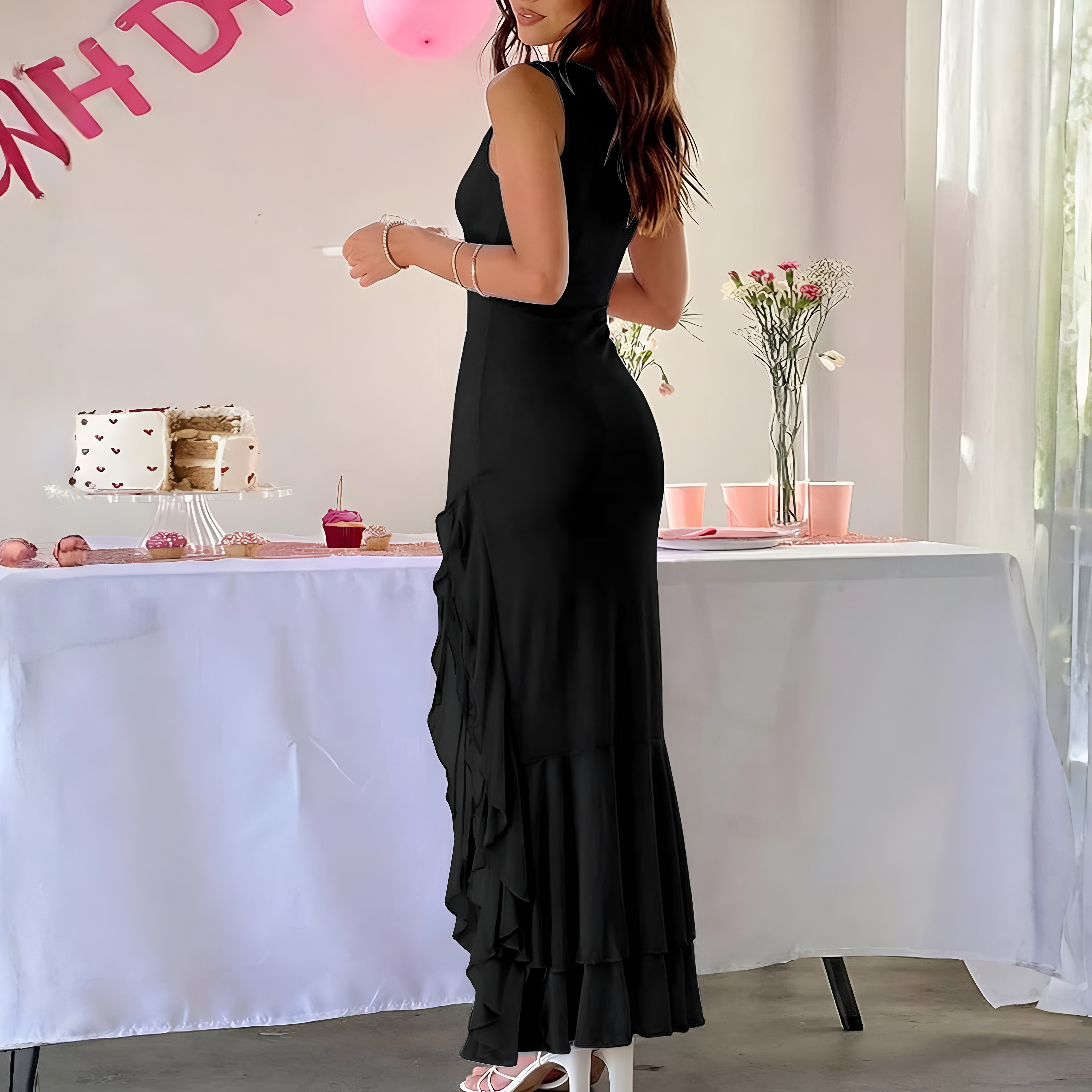 Elegant Ruched Mesh Sleeveless Maxi Dress For Women