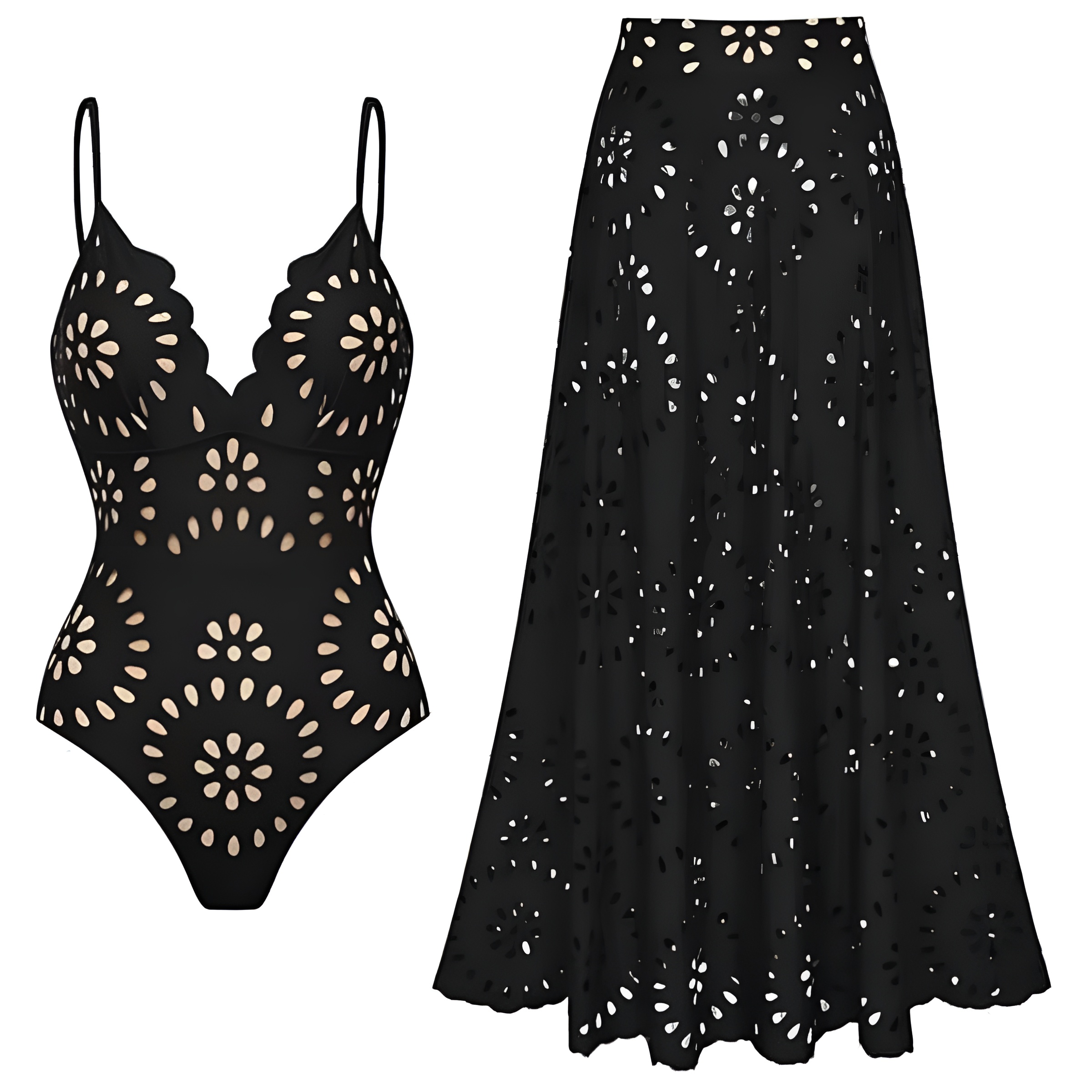 Hollow Design One Piece Swimsuit With Skirt For Women