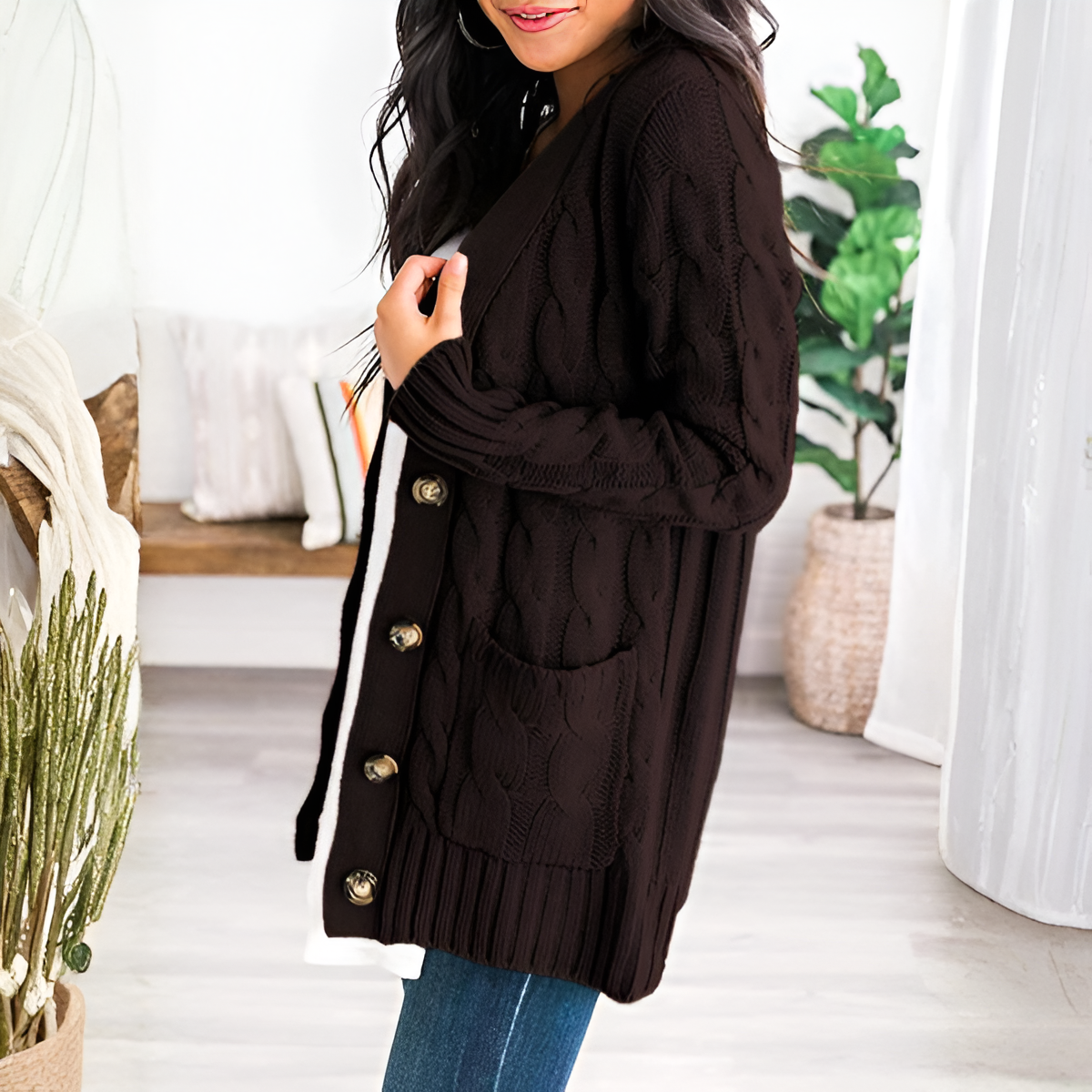 Cable Knit Button Front Open Cardigan