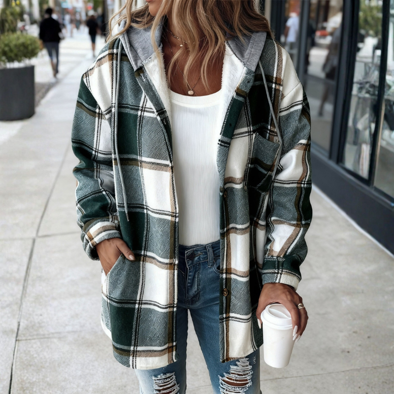 Plaid Hooded Button Front Jacket For Women