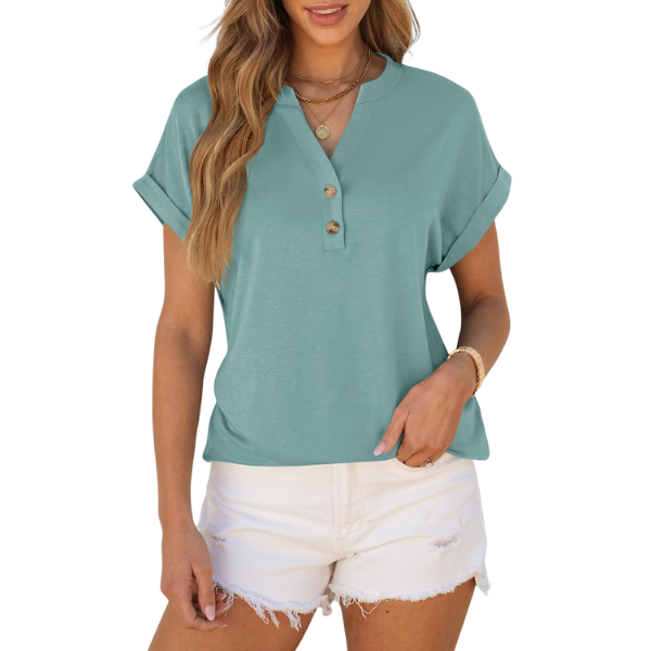 Womens Short Sleeve Henley Tops V Neck Dressy Casual Blouses Summer Trendy Tee Shirts 2026 Vacation Fashion Clothes