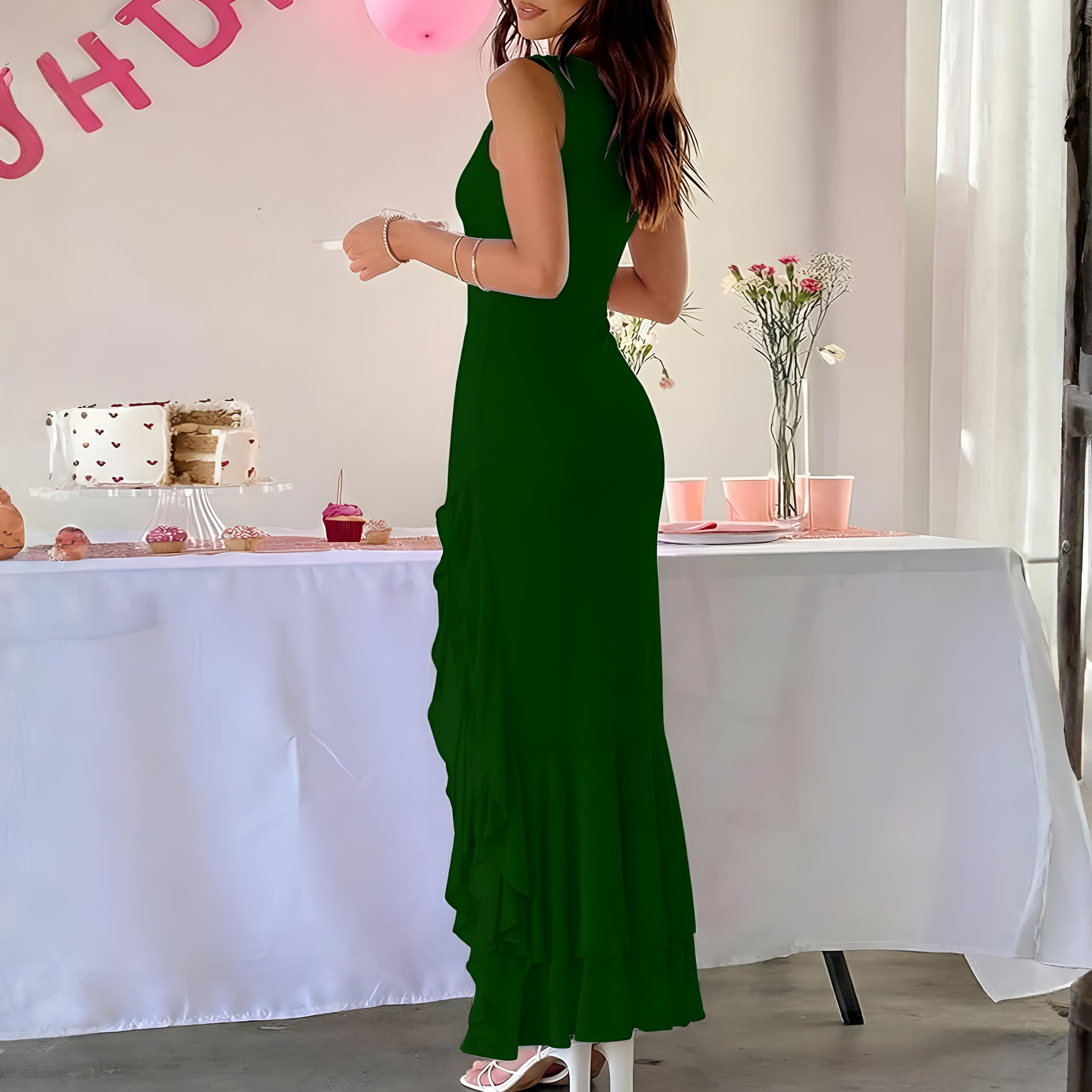 Elegant Ruched Mesh Sleeveless Maxi Dress For Women