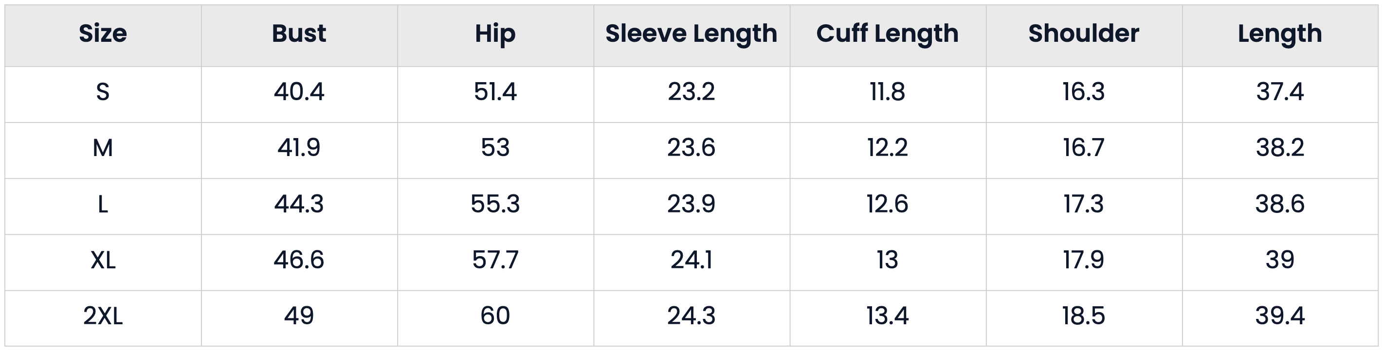 Size Chart for Classic Mid Length Pea Coat with Notched Lapel for Women