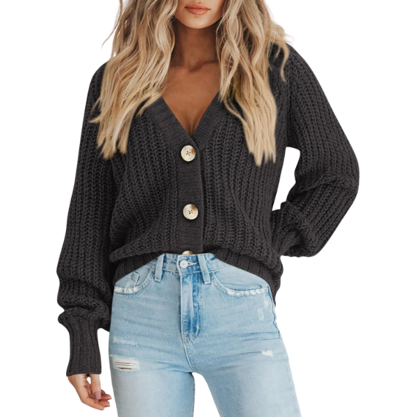 Women's Chunky Knit Open Front Sweater Long Sleeve Button Loose Short Cardigan Outerwear Coats