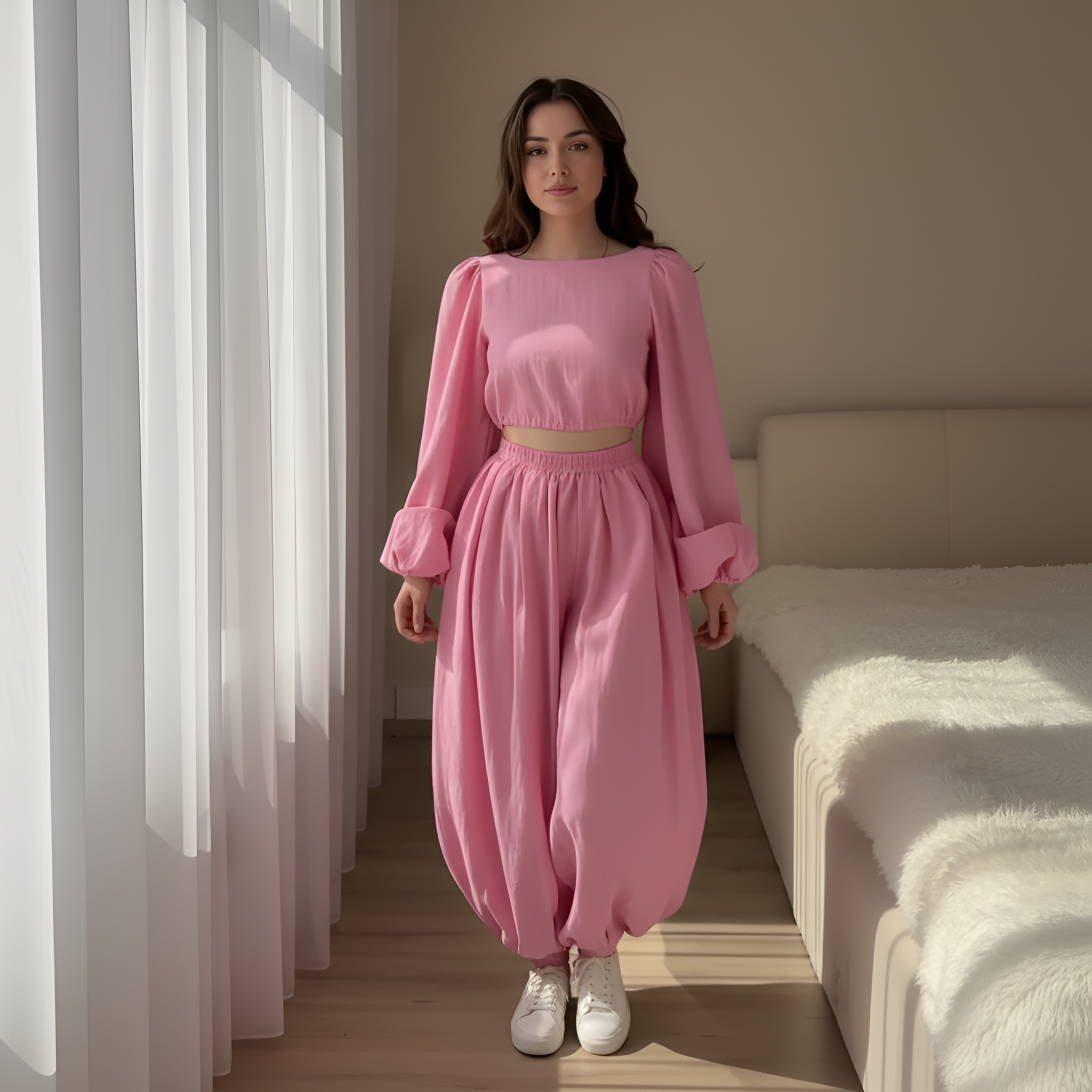 Puff Sleeve Crop Top And Pants Set