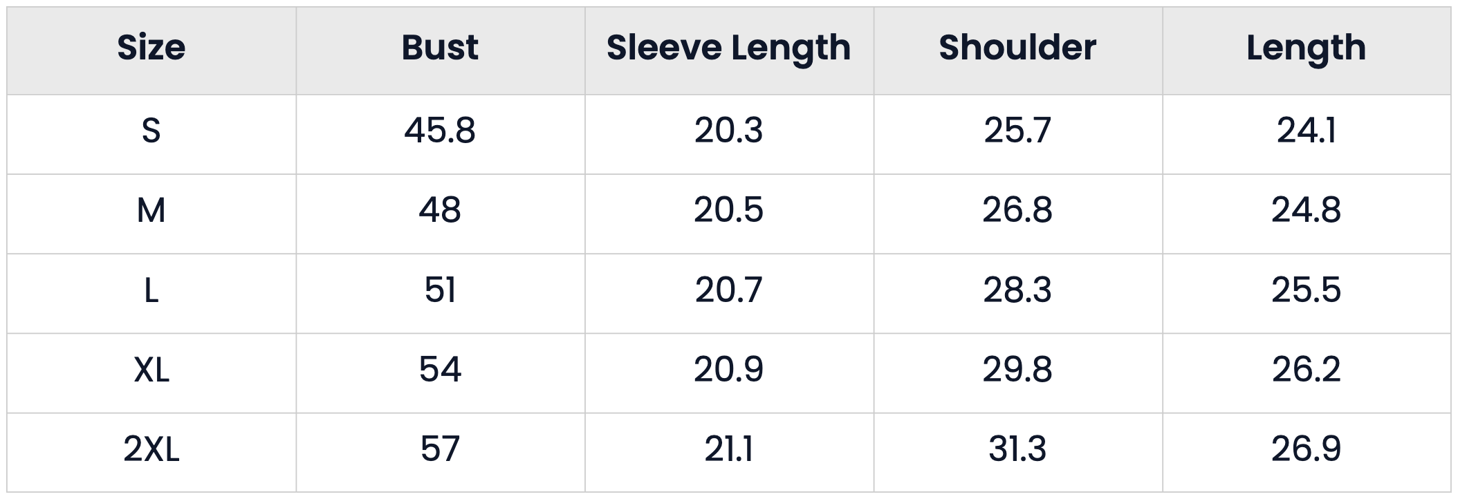 Size Chart for Quilted Bomber Winter Jacket Coat for Women