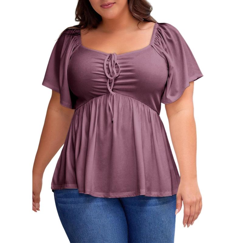 Plus Size Short Sleeves Shirred Peplum Blouse Top For Women
