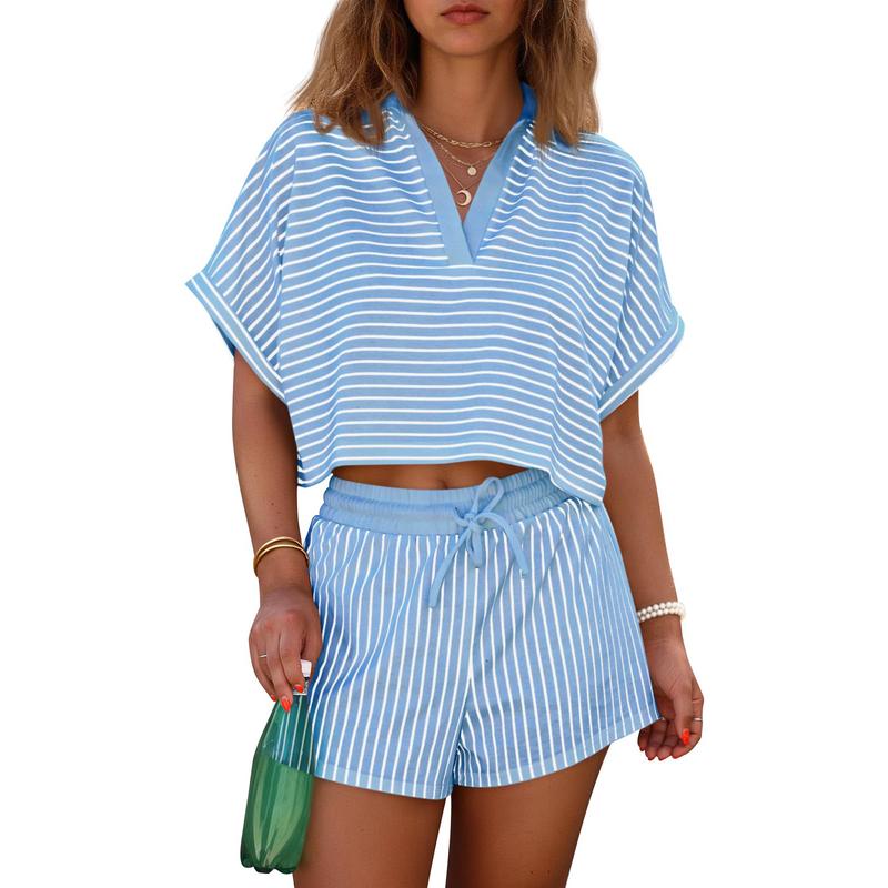 2 Pieces Short Sleeve Striped Matching Set For Women