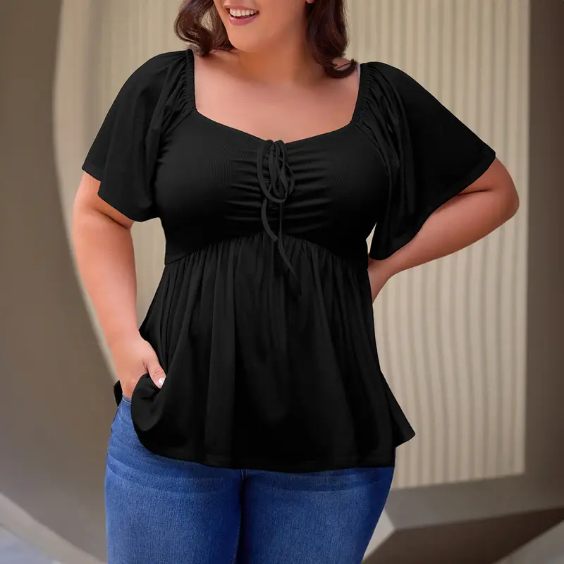Plus Size Short Sleeves Shirred Peplum Blouse Top For Women