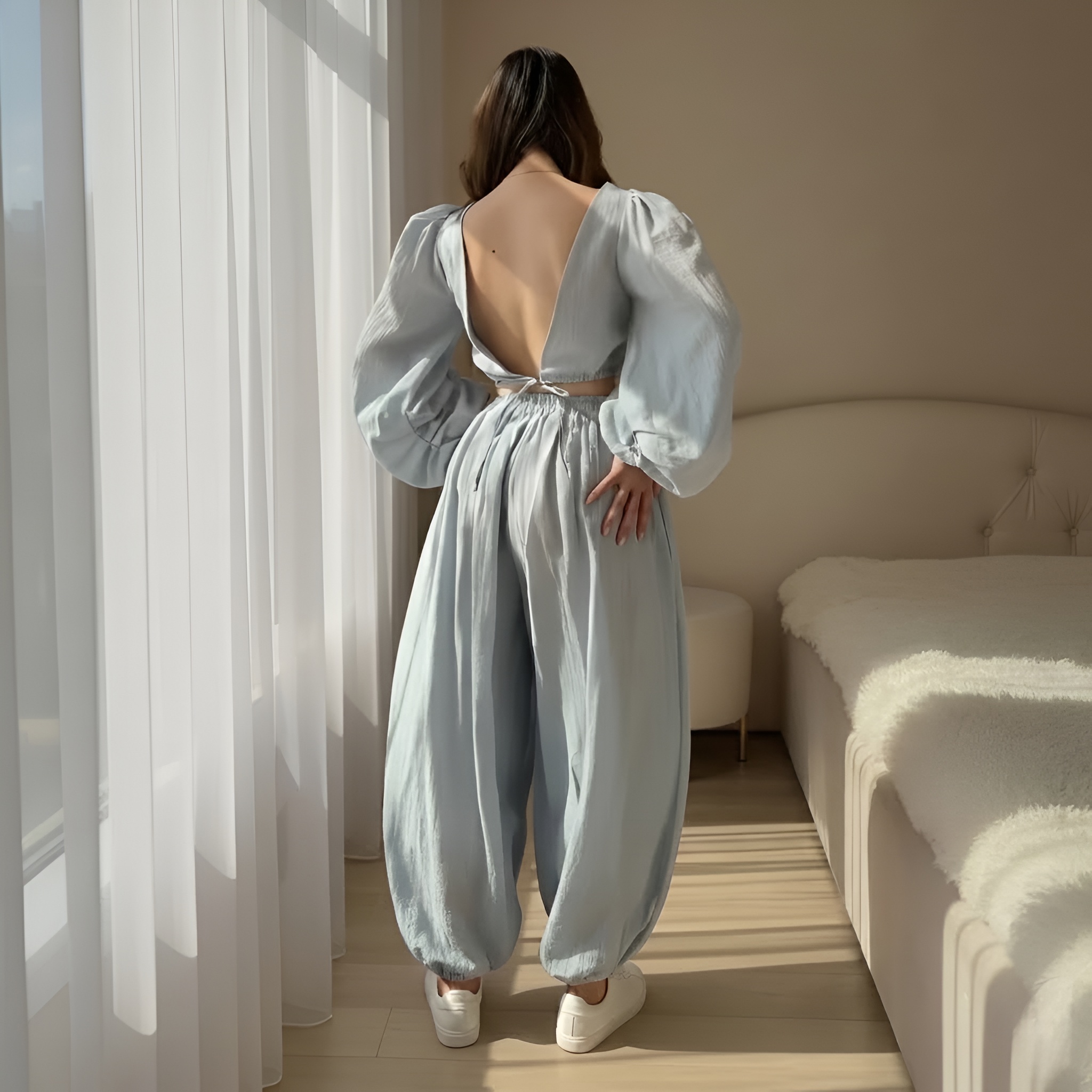 Puff Sleeve Crop Top And Pants Set