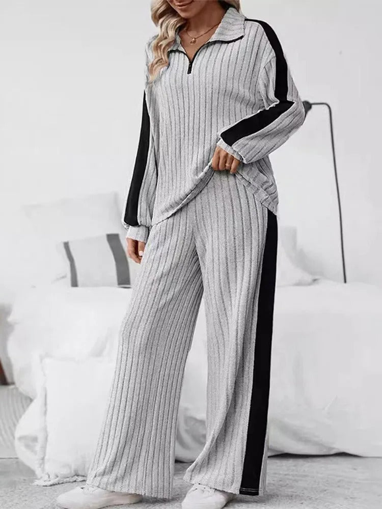 Knitted  Loose Fit Striped Patterned Tops And Pants Set-My Comfy Blouse