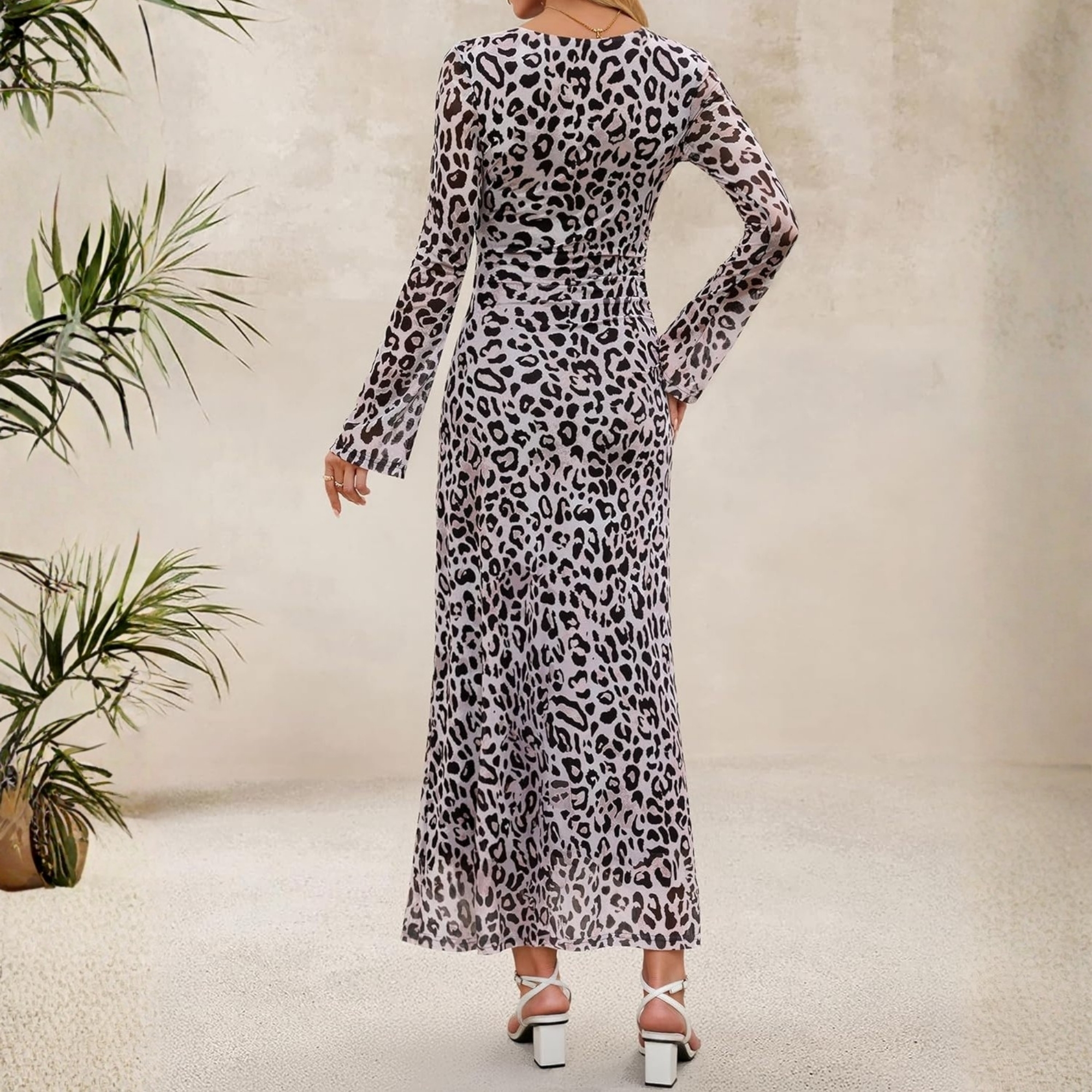 Spring Fall Floral Ruched Mesh Maxi Dress