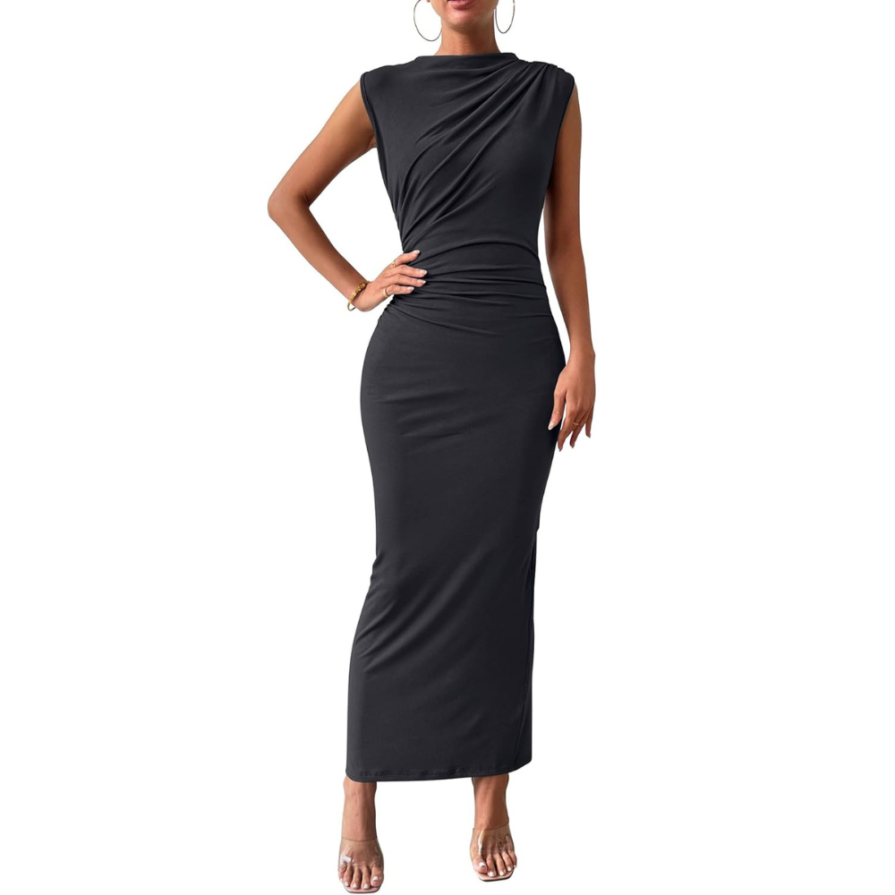 Ruched Sleeveless Bodycon Maxi Dress for Wedding Guests