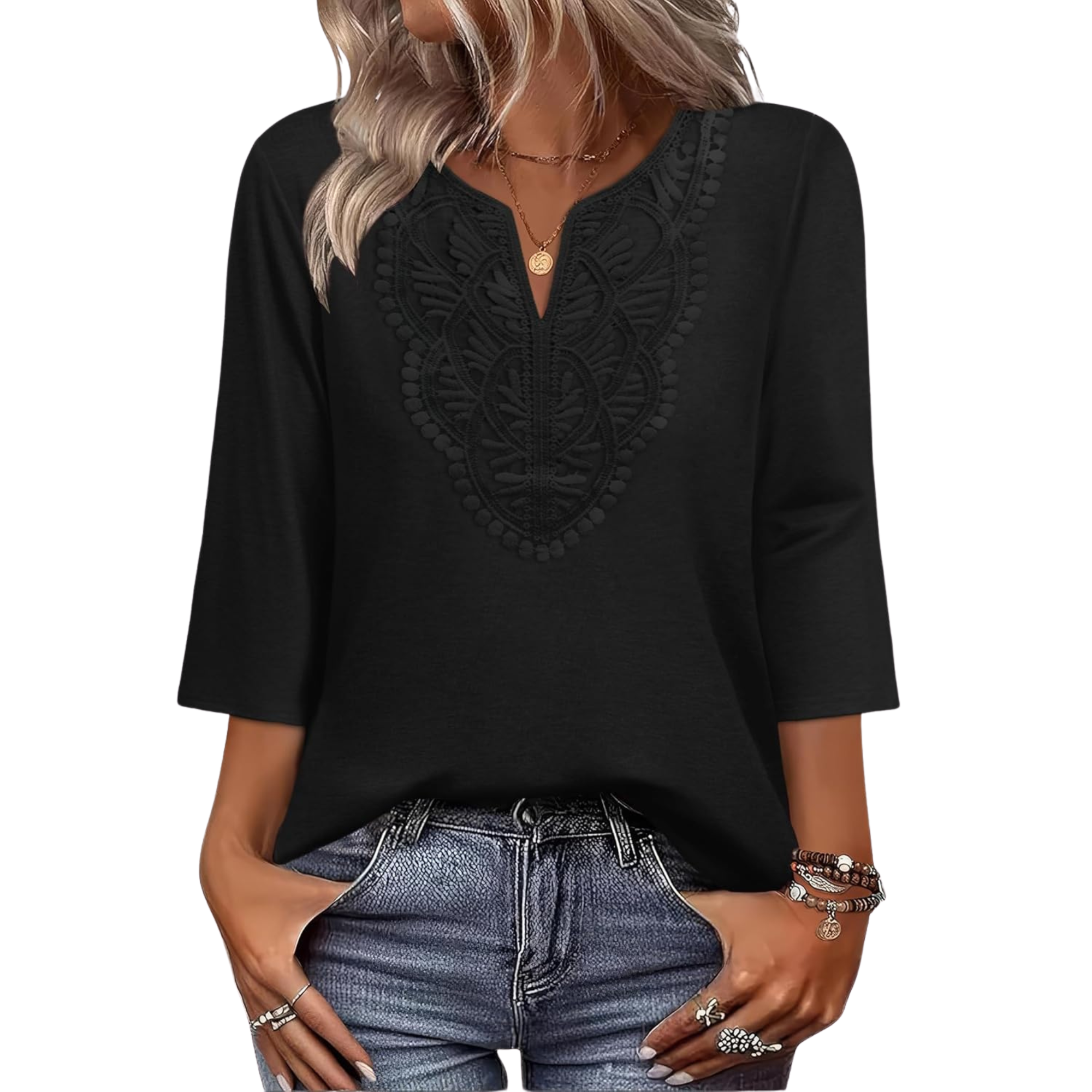  Length Sleeve Womens Tops Boho V Neck Lace Shirt Trendy Blouses Dressy Casual Vacation