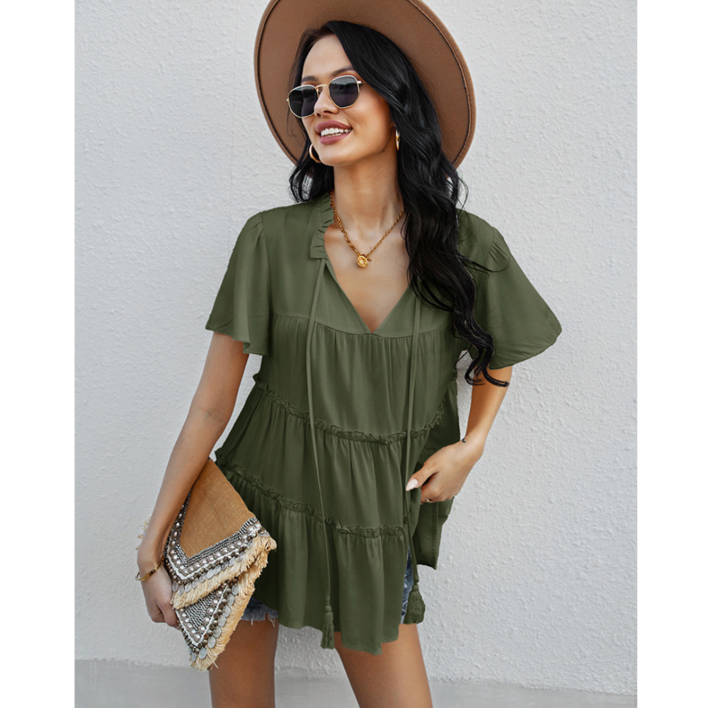 Frill Trim Tassel Tie Flutter Sleeve Top-My Comfy Blouse