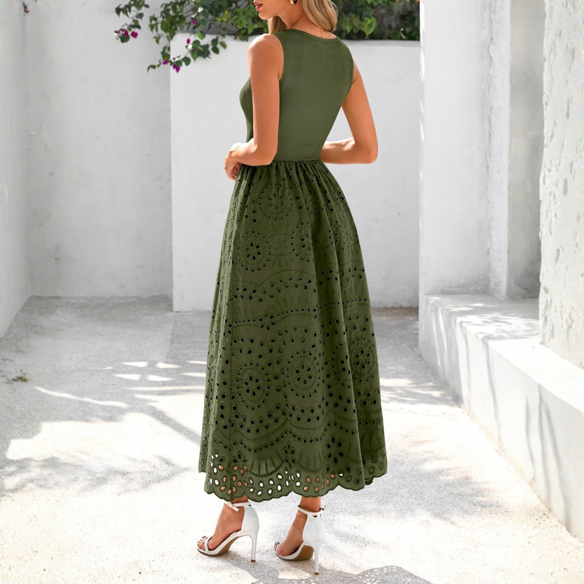 Sleeveless Eyelet Cotton Tank Maxi Dress with Pockets