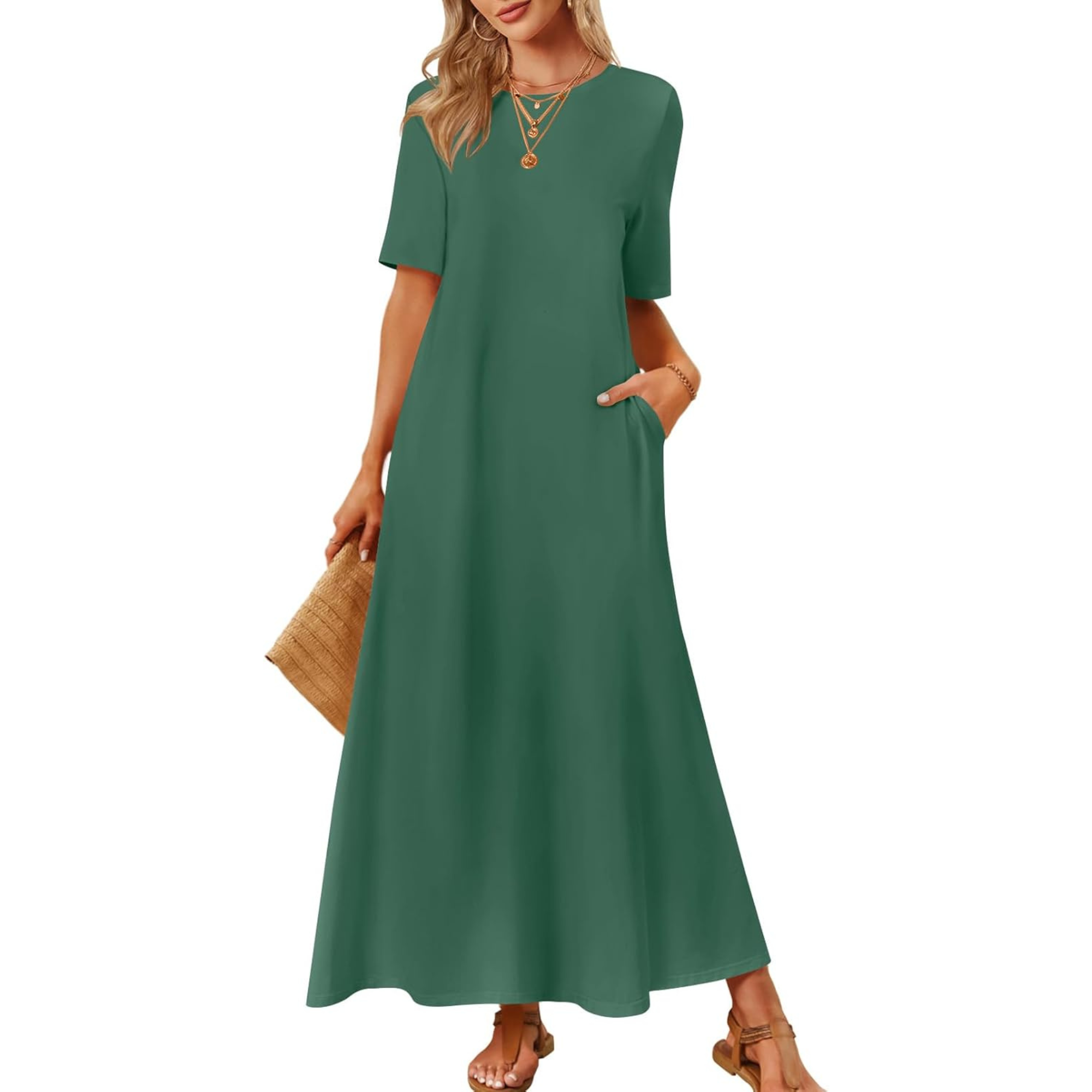 Women Summer Vacation Maxi T Shirt Dress With Pockets