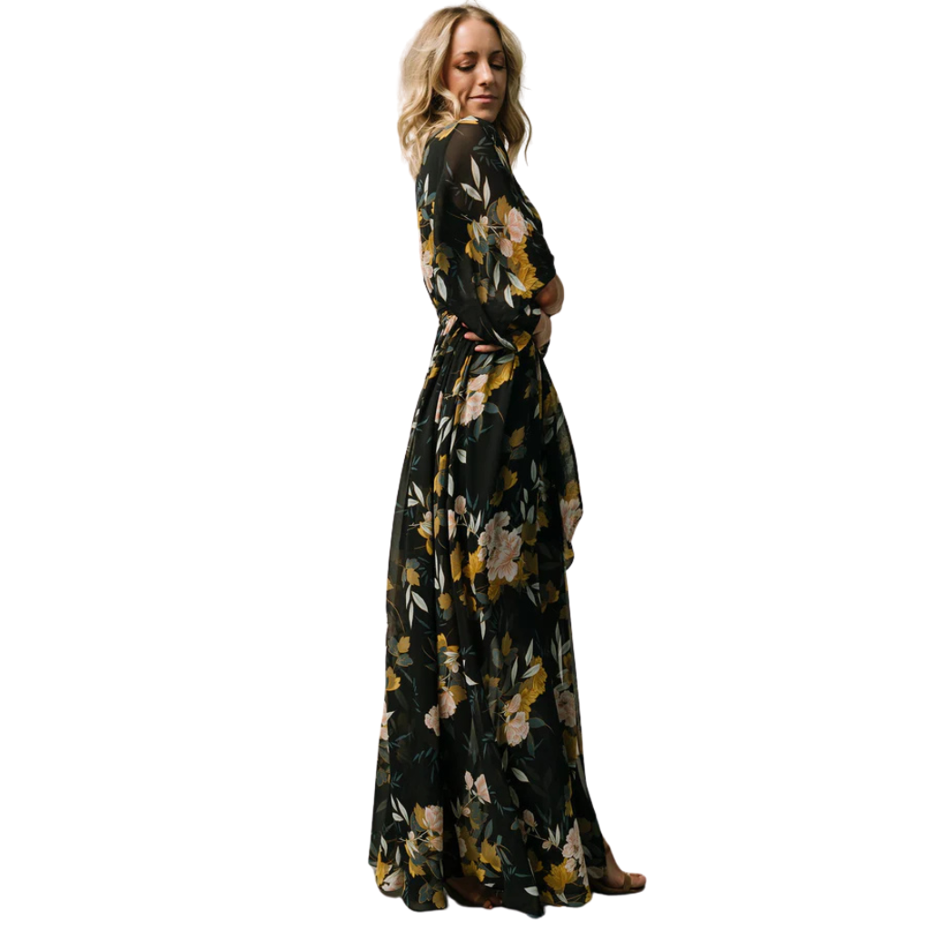 Floral Pattern Floor Length Long Sleeve Chiffon Dress-My Comfy Blouse