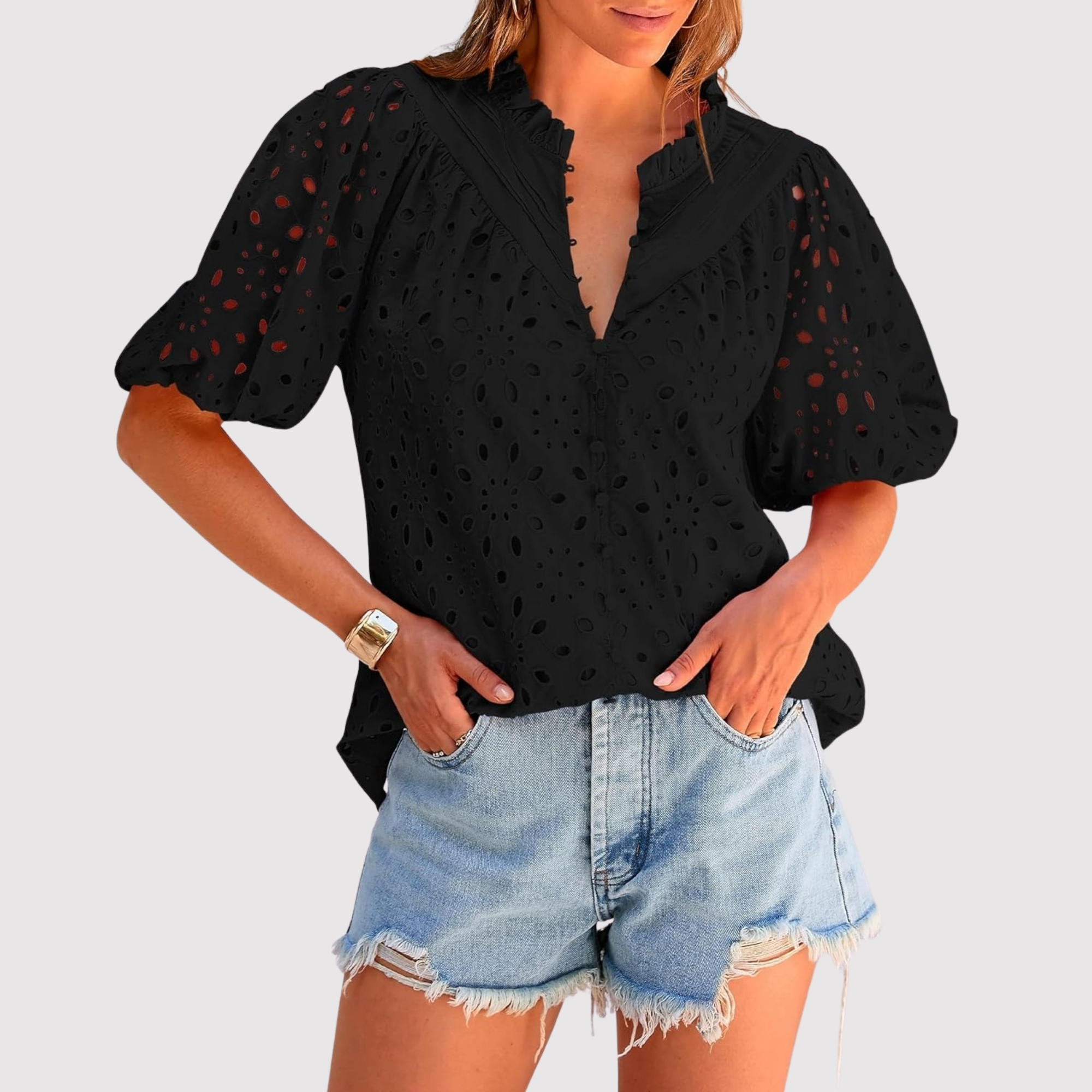 Eyelet Embroidery Sleeve Button Front Style Puff Top 