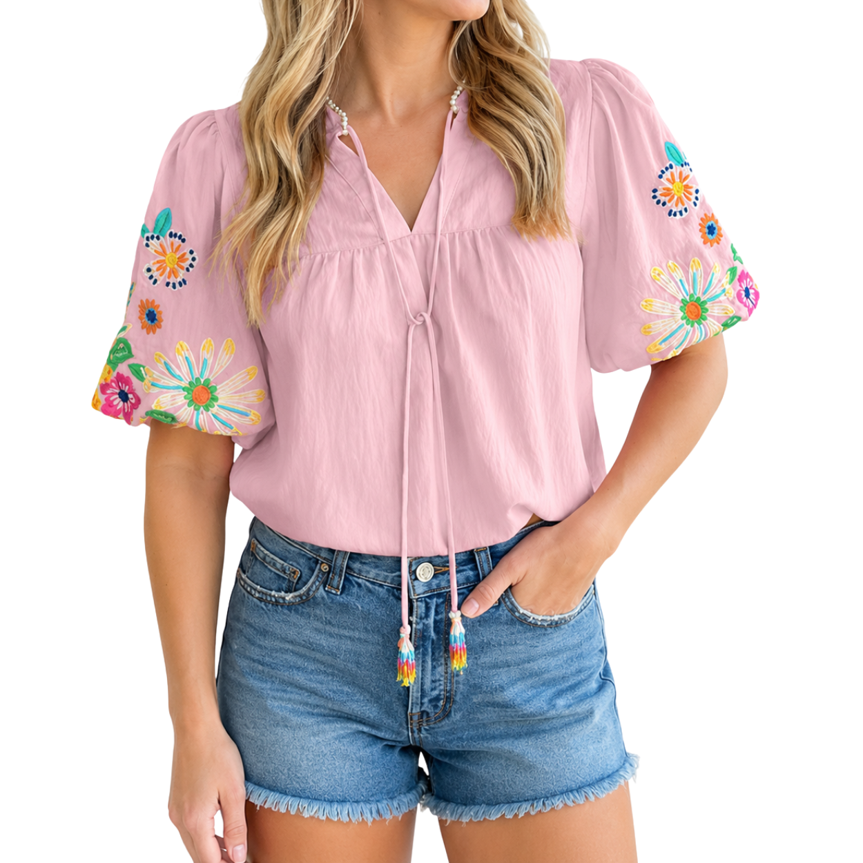 Casual Embroidered Tops V Floral Short Puff Sleeve 