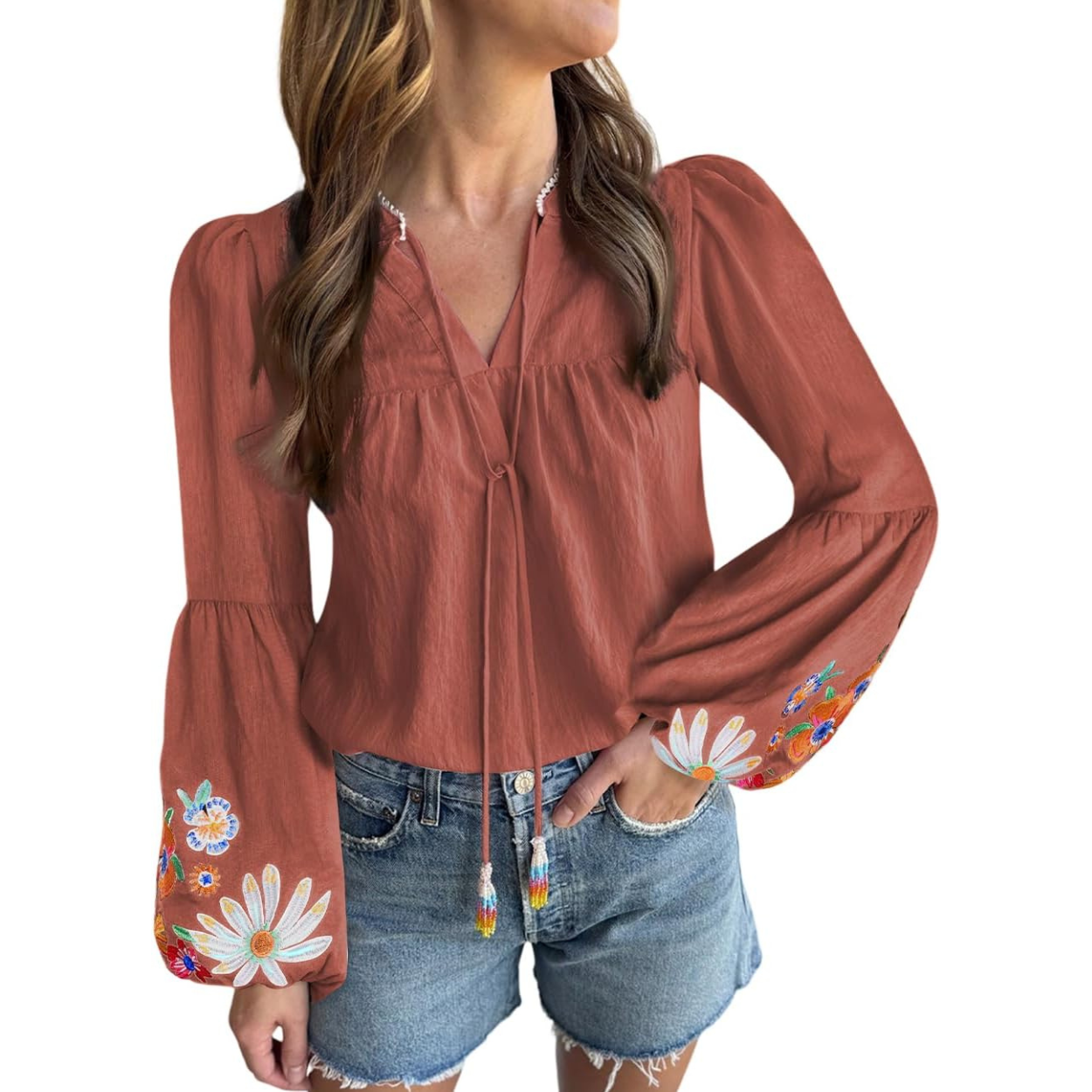 Embroidered Tops Floral Short Puff Sleeve Casual Top