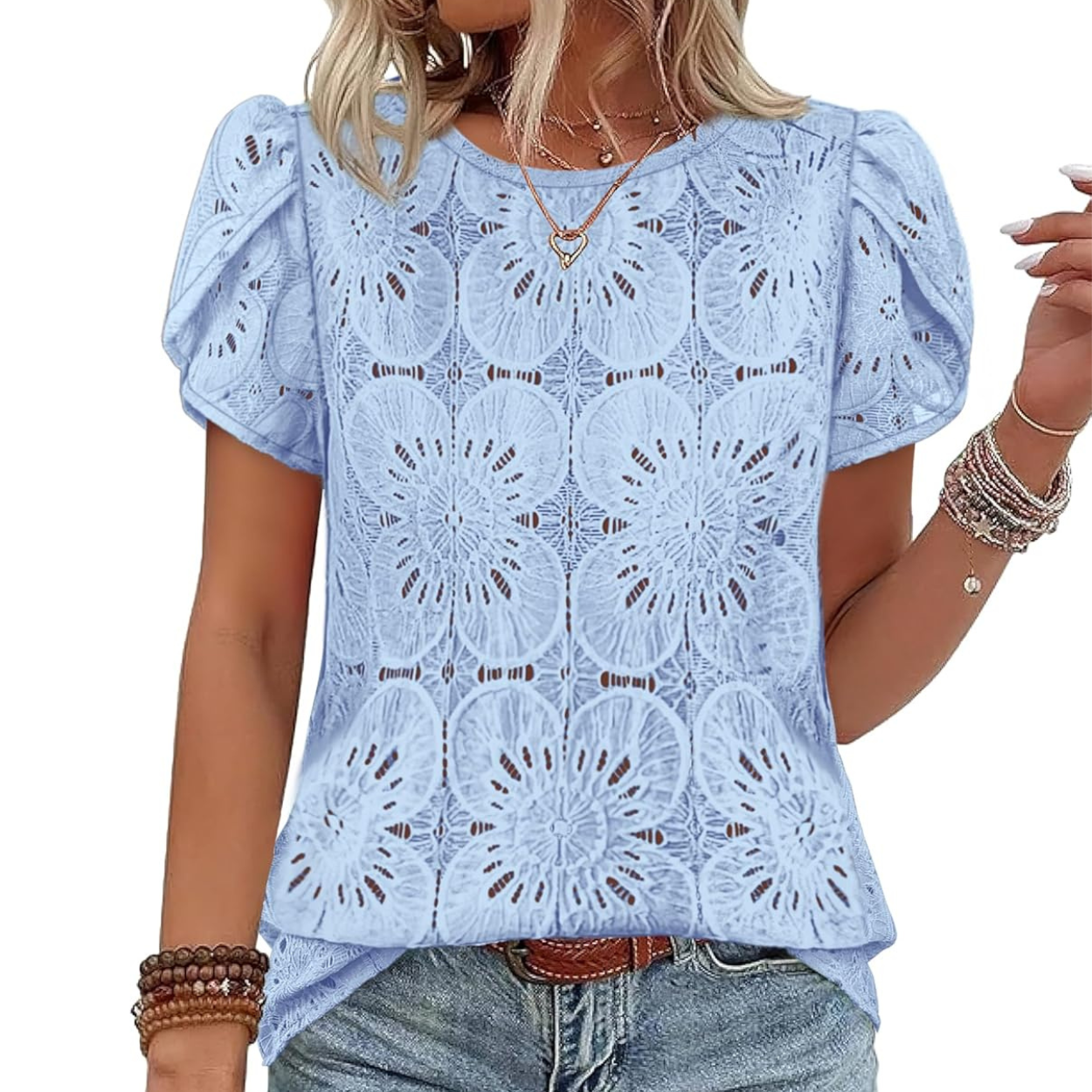 Casual Crochet Petal Short Sleeve Shirt Blouse For Women