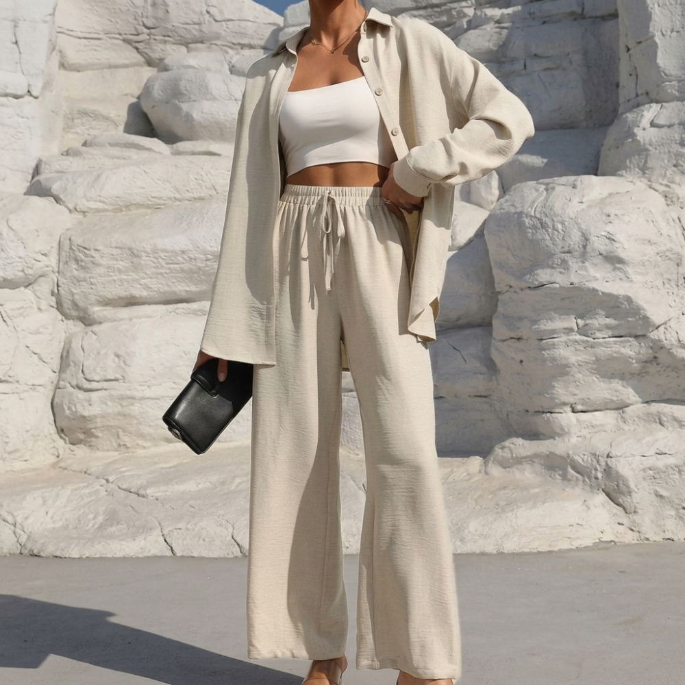 Casual 2 Piece Long Sleeve Shirt And Wide Fit Trouser Set For Women