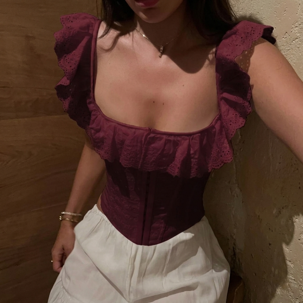 Adjustable Corset Blouse With Embroidery Lace Details For Women