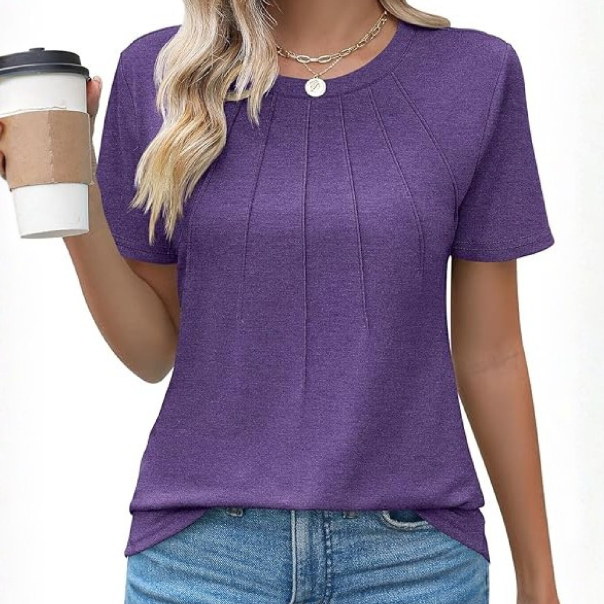  Womens Fashion Casual Crew Short Sleeve Pleated Tops Blouses 