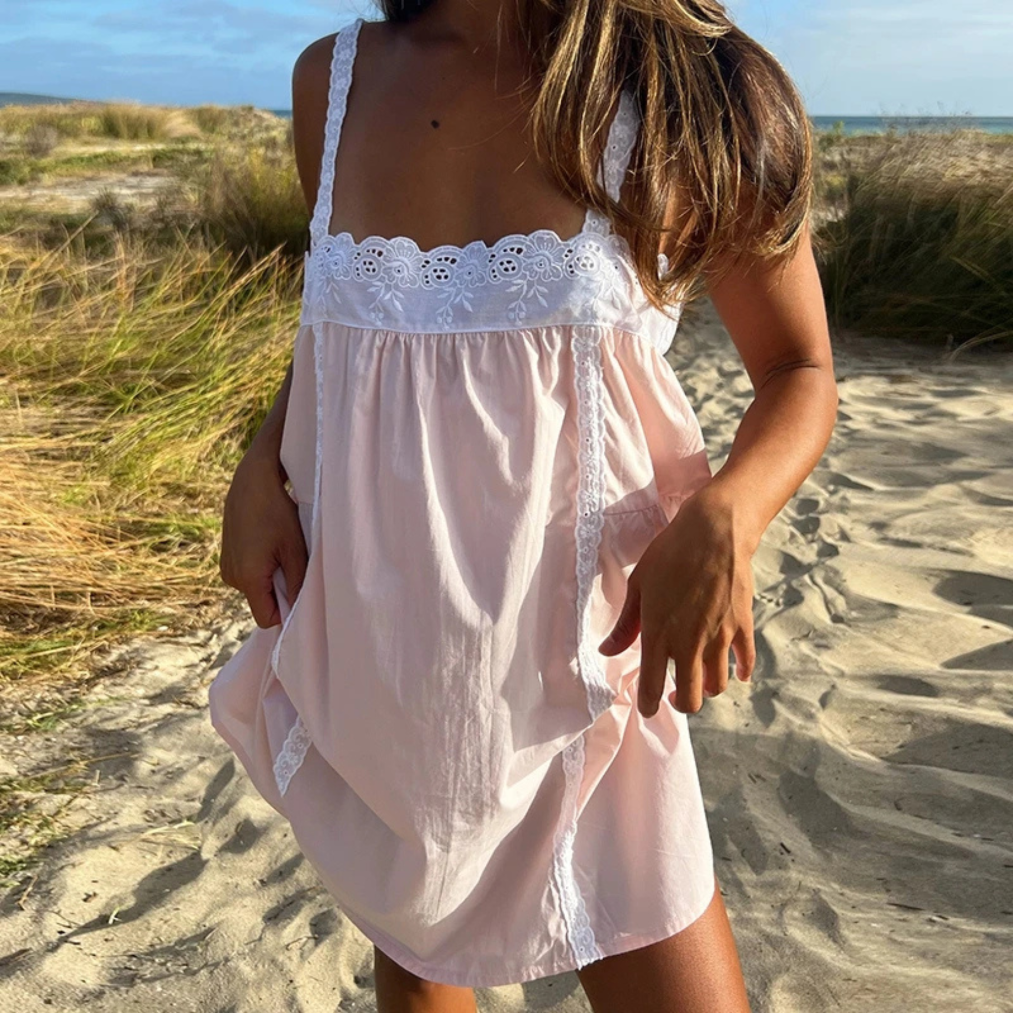 Lace Trim Mini Ruffle Flowy Dress With Spaghetti Strap For Women