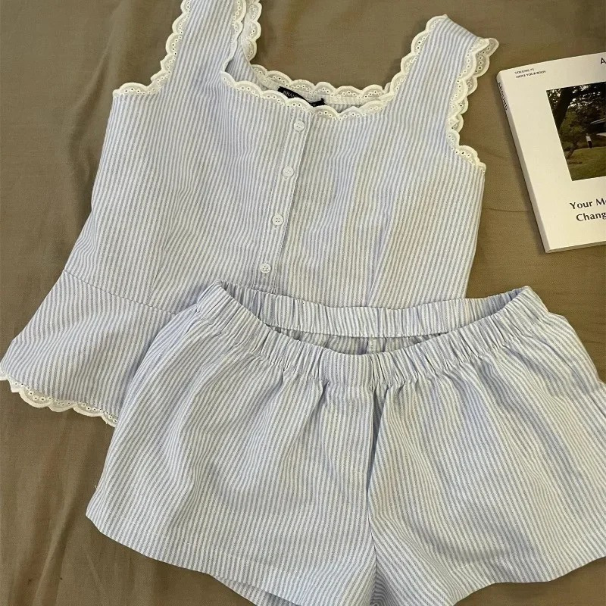 2 Piece Pajama Set With Lace Trim And Striped Nightwear For Women