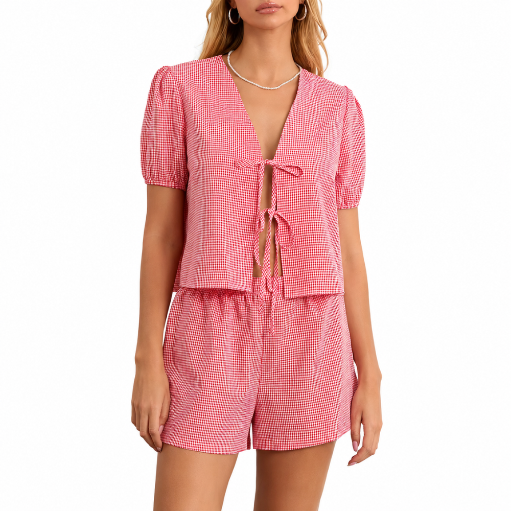 Vintage Checkered Print Puff Sleeve Tie Front Blouse Top And Shorts 2 Piece Matching Set