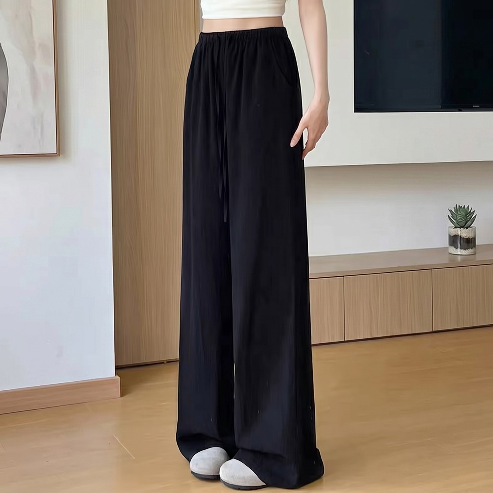 Wide High Rise Straight Fit Casual Trousers For Women 