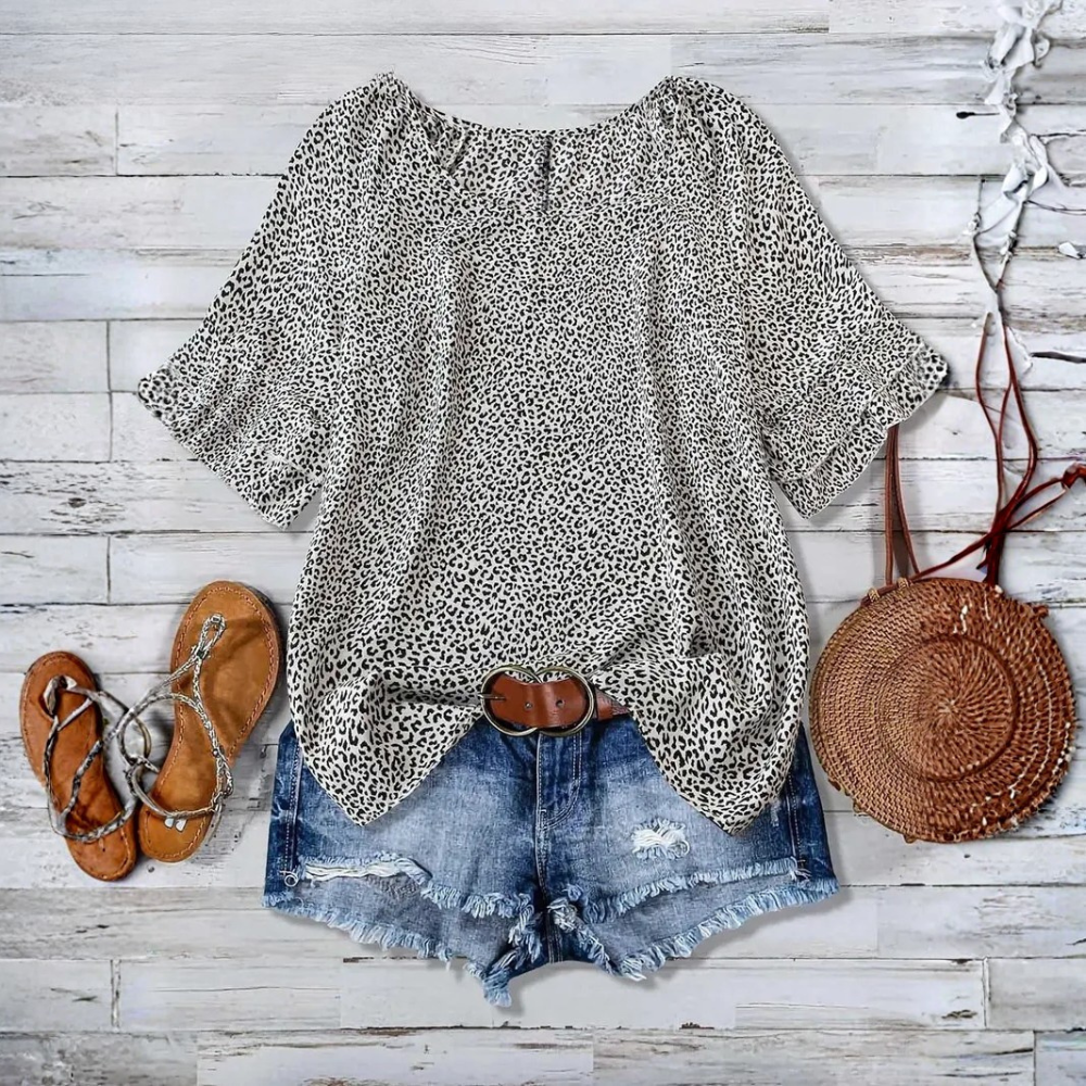 All Over Print Ruffle Layered Short Sleeve Woven Blouse Top For Women