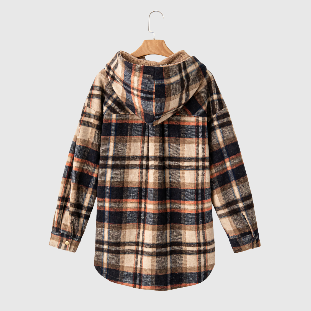 Casual Button Down Plaid Fleece Jacket With Hood For Women