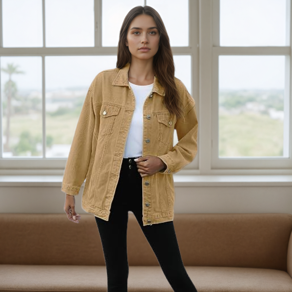 Women’s Oversized Mid Long Denim Jacket Casual Jean Biker Coat