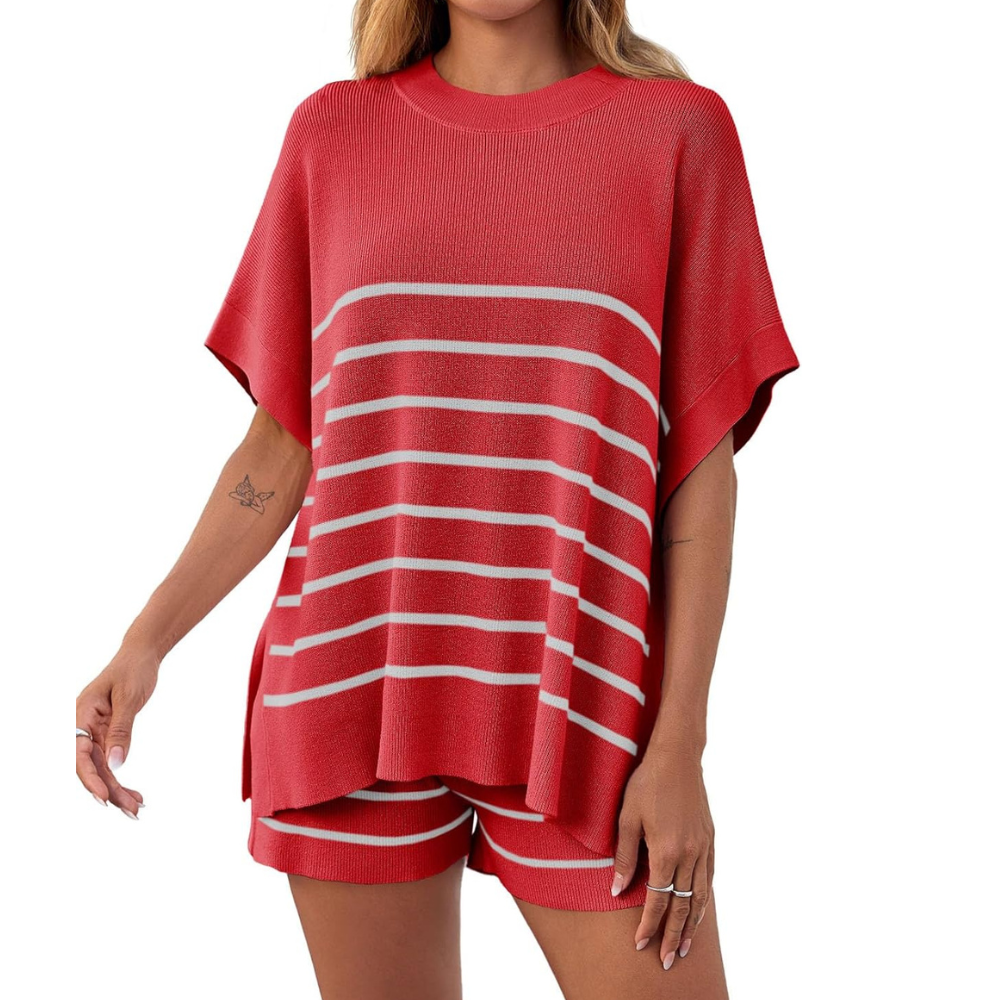 Striped Knit Top And Shorts Set For Women