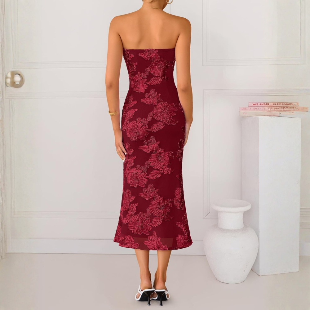 Strapless Floral Mesh Midi Dress For Women