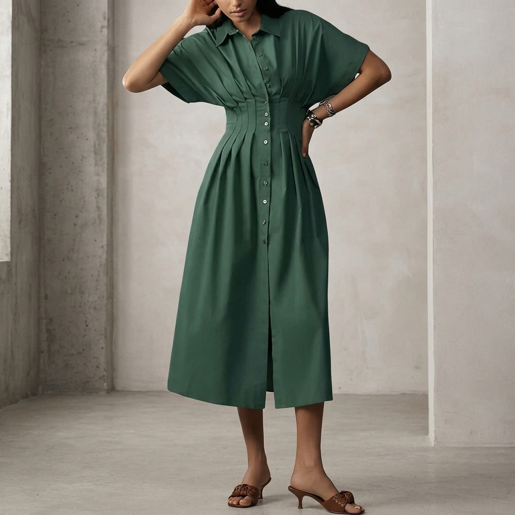 Casual Short Sleeve Button Down Loose Fit Pleated Maxi Sundress With Pockets For Women