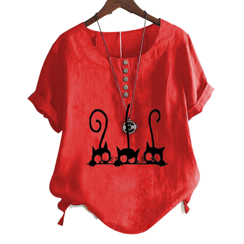 Fashion Cat Print Crewneck Blouse-My Comfy Blouse