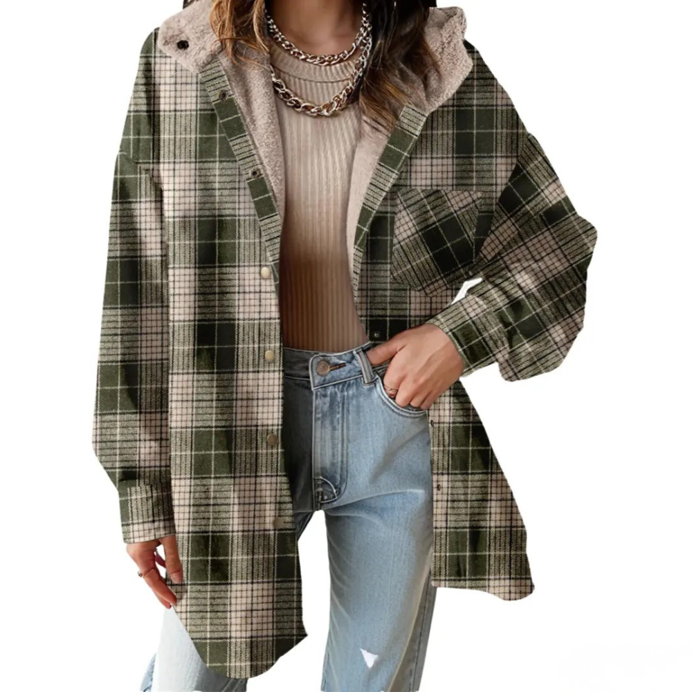 Casual Button Down Plaid Fleece Jacket With Hood For Women