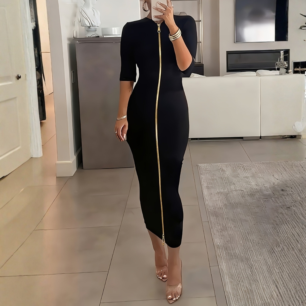 Zipper Front Midi Knit Cardigan Dress